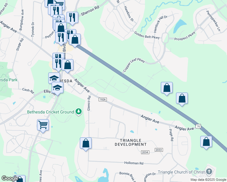 map of restaurants, bars, coffee shops, grocery stores, and more near 2102 Hinesley Road in Durham