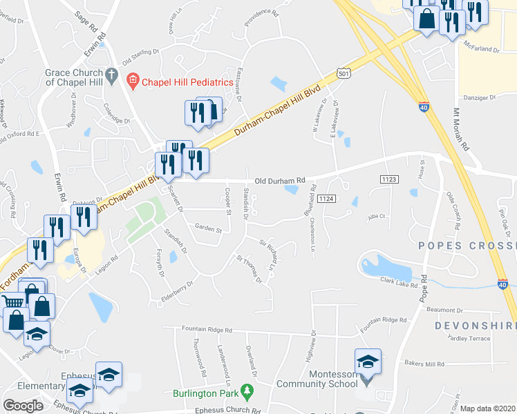 map of restaurants, bars, coffee shops, grocery stores, and more near 322 Standish Drive in Chapel Hill
