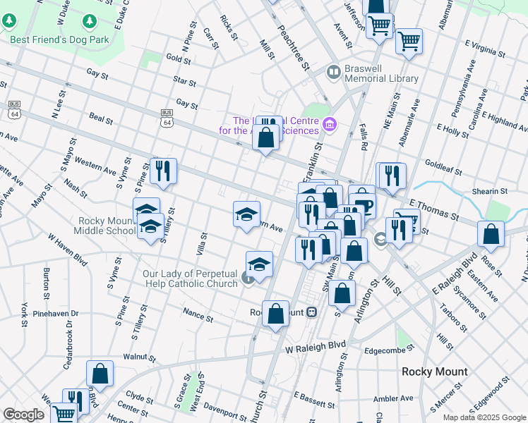 map of restaurants, bars, coffee shops, grocery stores, and more near 118 South Pearl Street in Rocky Mount