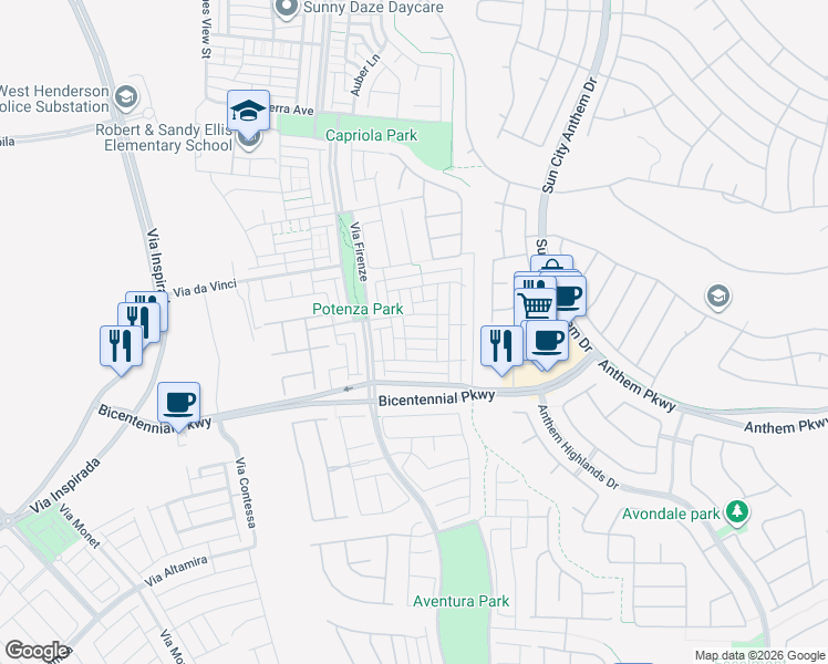 map of restaurants, bars, coffee shops, grocery stores, and more near 3052 Camino Rico Avenue in Henderson