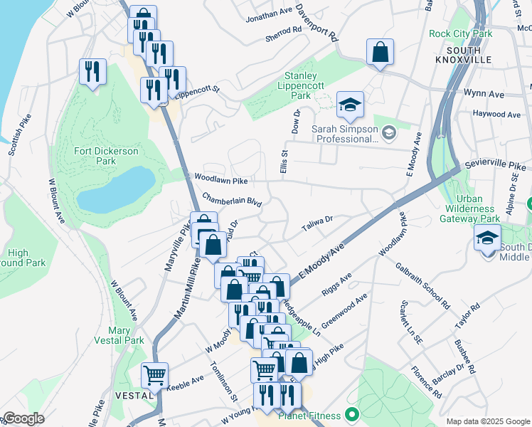 map of restaurants, bars, coffee shops, grocery stores, and more near 244 Druid Drive in Knoxville