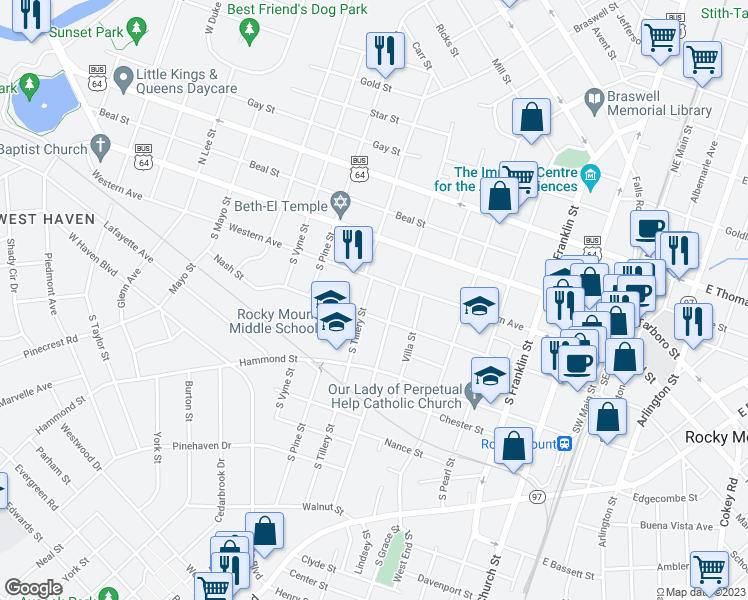 map of restaurants, bars, coffee shops, grocery stores, and more near 219 South Tillery Street in Rocky Mount
