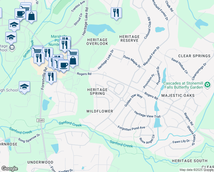 map of restaurants, bars, coffee shops, grocery stores, and more near 3815 Wild Meadow Lane in Wake Forest