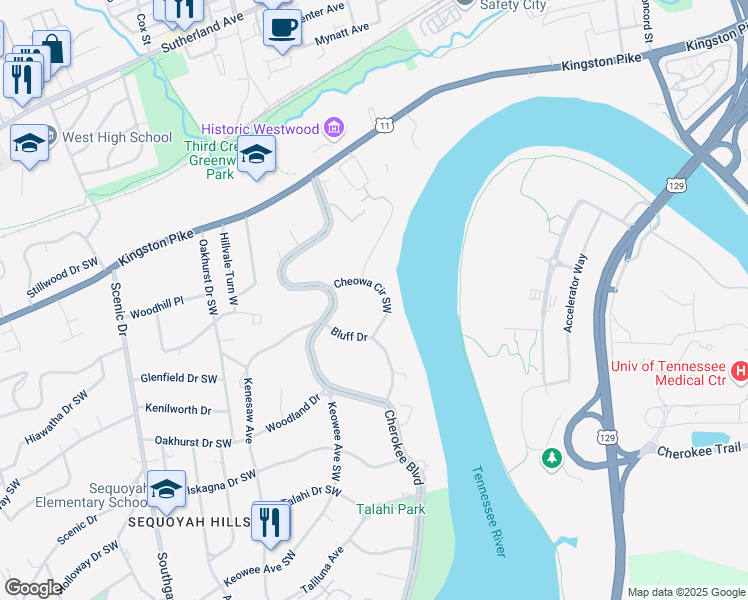 map of restaurants, bars, coffee shops, grocery stores, and more near 632 Cheowa Circle Southwest in Knoxville