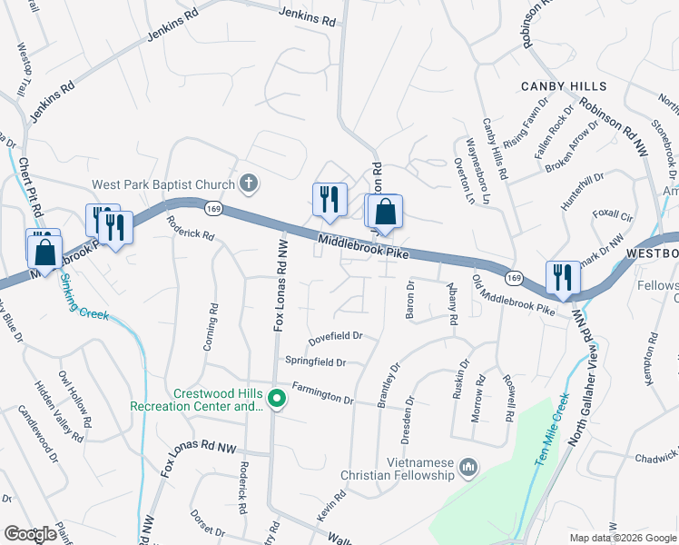 map of restaurants, bars, coffee shops, grocery stores, and more near 8634 Sunpoint Road in Knoxville
