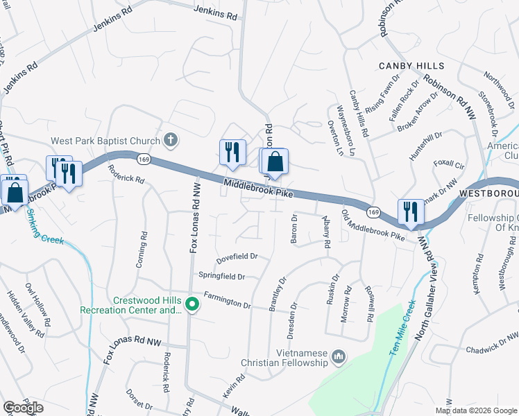 map of restaurants, bars, coffee shops, grocery stores, and more near 8607 Sunpoint Road in Knoxville
