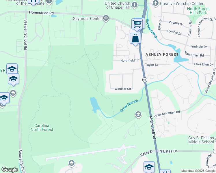 map of restaurants, bars, coffee shops, grocery stores, and more near 139 Windsor Circle in Chapel Hill