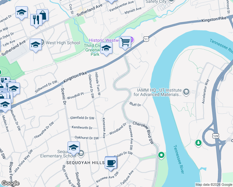 map of restaurants, bars, coffee shops, grocery stores, and more near 547 Cherokee Boulevard in Knoxville
