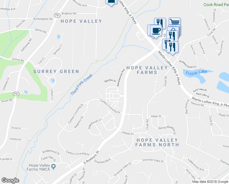 map of restaurants, bars, coffee shops, grocery stores, and more near 4410 Cherry Blossom Circle in Durham