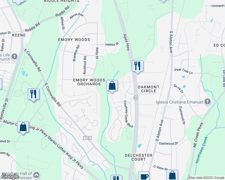 map of restaurants, bars, coffee shops, grocery stores, and more near 2722 Wyntercrest Lane in Durham