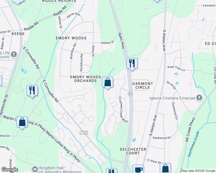 map of restaurants, bars, coffee shops, grocery stores, and more near 2722 Wyntercrest Lane in Durham