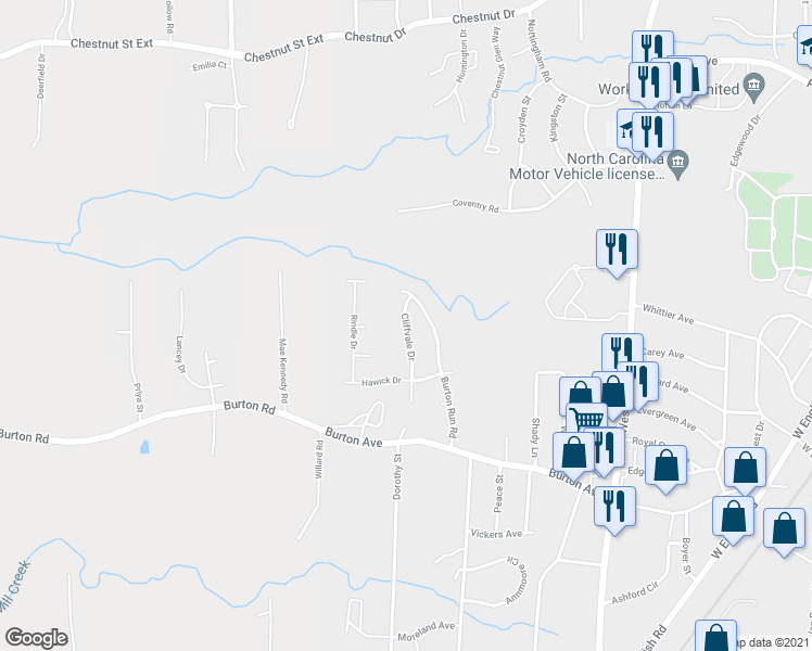 map of restaurants, bars, coffee shops, grocery stores, and more near 2147 Cliffvale Drive in High Point