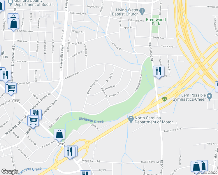 map of restaurants, bars, coffee shops, grocery stores, and more near 408 Friddle Drive in High Point