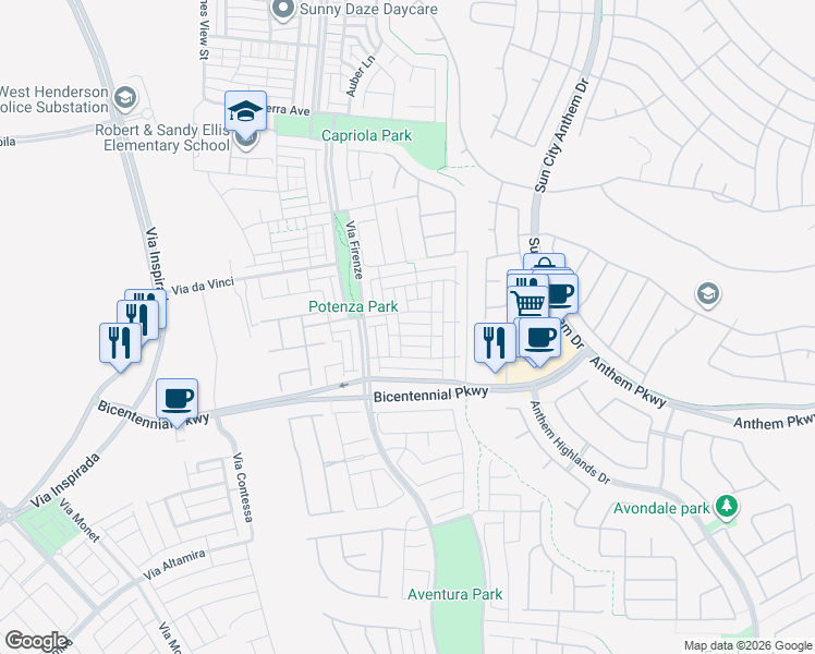 map of restaurants, bars, coffee shops, grocery stores, and more near 3052 Camino Rico Avenue in Henderson