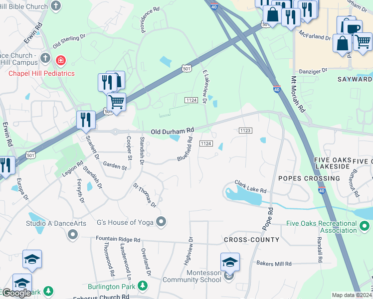 map of restaurants, bars, coffee shops, grocery stores, and more near 110 Bluefield Road in Chapel Hill