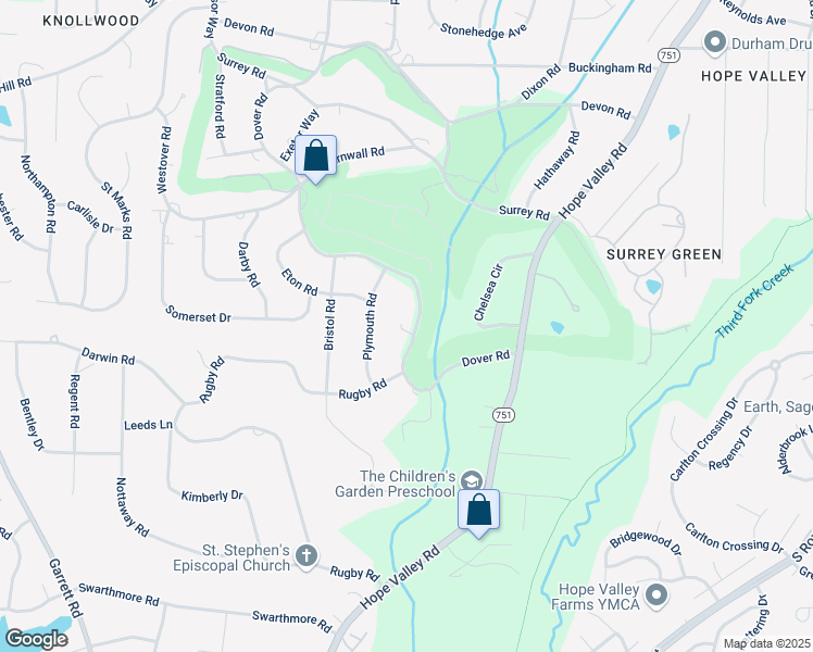 map of restaurants, bars, coffee shops, grocery stores, and more near 3936 Dover Road in Durham