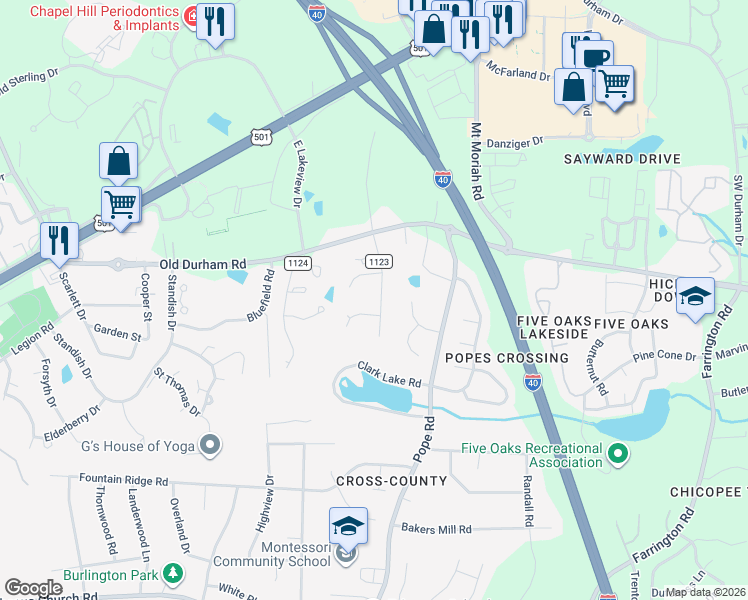 map of restaurants, bars, coffee shops, grocery stores, and more near 206 White Oak Drive in Durham