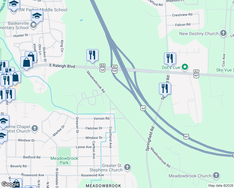 map of restaurants, bars, coffee shops, grocery stores, and more near 1850 Meadowbrook Road in Rocky Mount