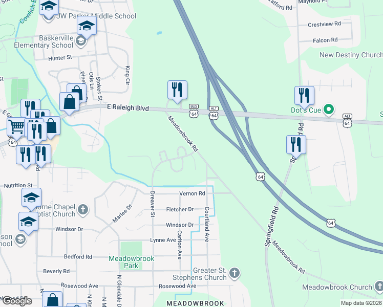 map of restaurants, bars, coffee shops, grocery stores, and more near in Rocky Mount