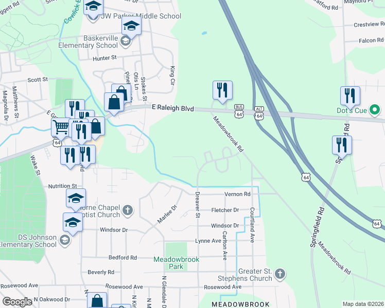 map of restaurants, bars, coffee shops, grocery stores, and more near 1100 Dreaver Street in Rocky Mount