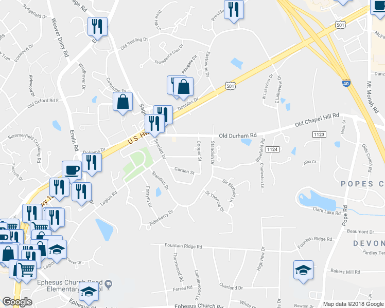 map of restaurants, bars, coffee shops, grocery stores, and more near 1823 Legion Road Extension in Chapel Hill