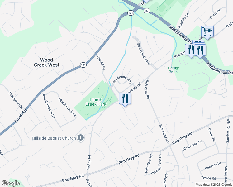 map of restaurants, bars, coffee shops, grocery stores, and more near 10056 Gate Post Way in Knoxville