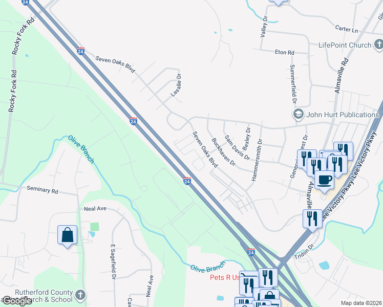 map of restaurants, bars, coffee shops, grocery stores, and more near 961 7 Oaks Boulevard in Smyrna