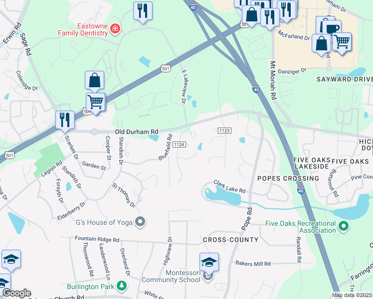map of restaurants, bars, coffee shops, grocery stores, and more near 800 East Lakeview Drive in Durham