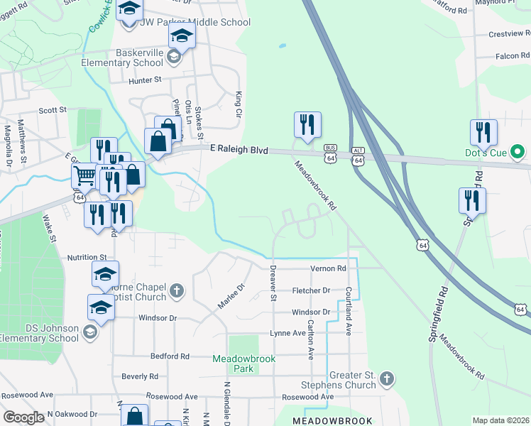 map of restaurants, bars, coffee shops, grocery stores, and more near 1100 Dreaver Street in Rocky Mount