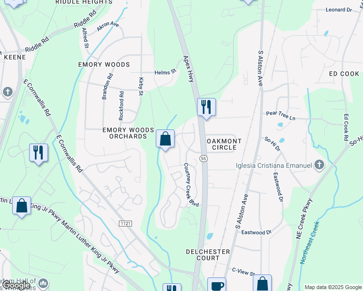 map of restaurants, bars, coffee shops, grocery stores, and more near 1625 Snow Mass Way in Durham
