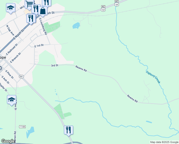 map of restaurants, bars, coffee shops, grocery stores, and more near Reams Road in Spring Hope