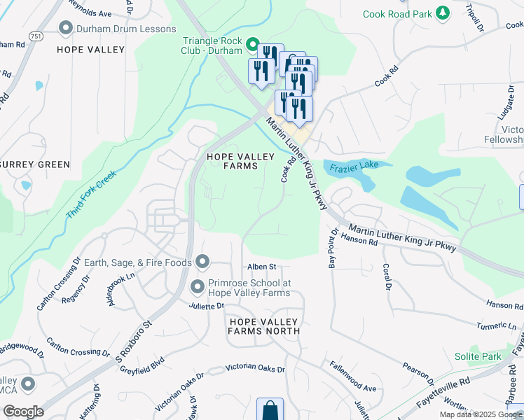 map of restaurants, bars, coffee shops, grocery stores, and more near 1004 Searstone Court in Durham