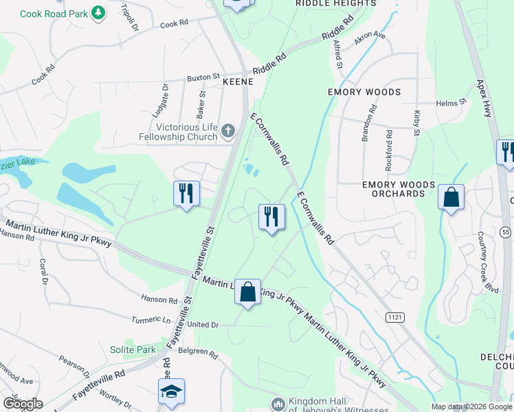 map of restaurants, bars, coffee shops, grocery stores, and more near 1400 East Cornwallis Road in Durham