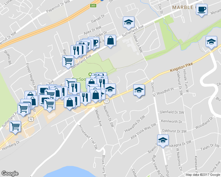 map of restaurants, bars, coffee shops, grocery stores, and more near 4312 Thistlewood Way in Knoxville
