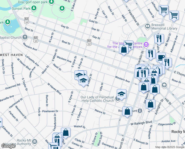 map of restaurants, bars, coffee shops, grocery stores, and more near 219 South Tillery Street in Rocky Mount