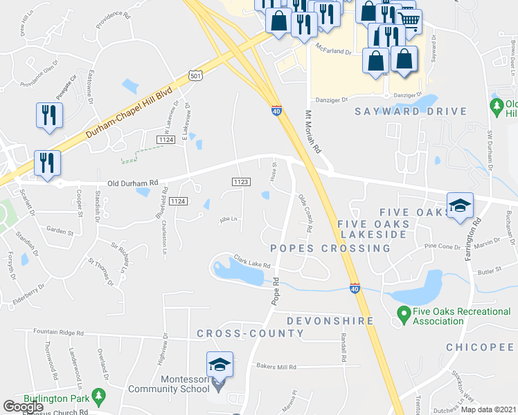 map of restaurants, bars, coffee shops, grocery stores, and more near 113 Cricket Ground in Durham