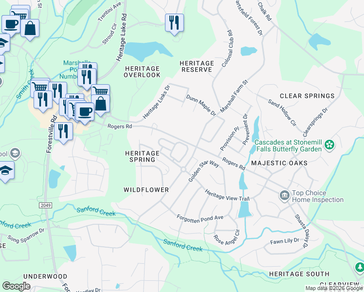 map of restaurants, bars, coffee shops, grocery stores, and more near 1125 Willowgrass Lane in Wake Forest