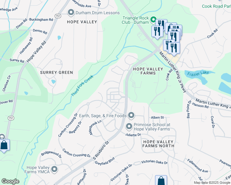 map of restaurants, bars, coffee shops, grocery stores, and more near 4410 Cherry Blossom Circle in Durham