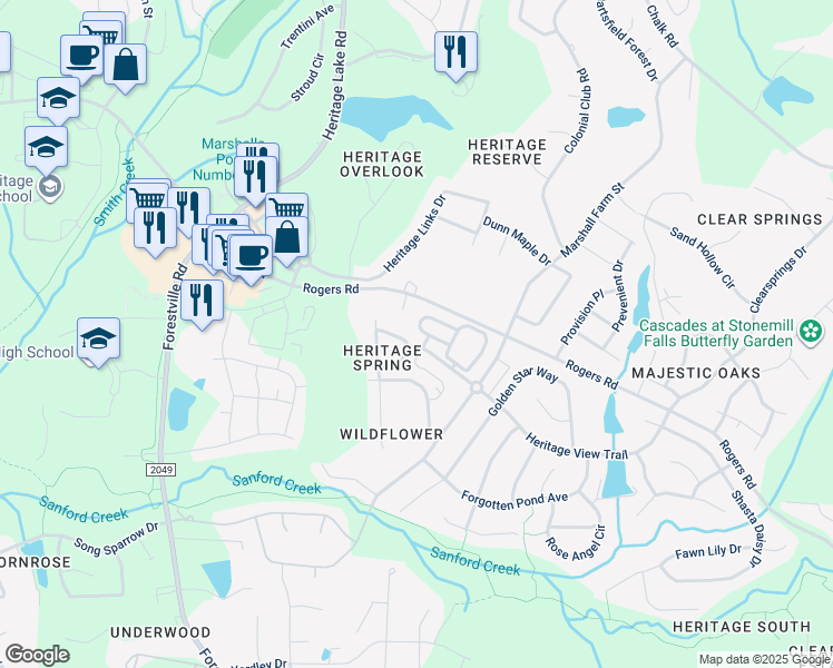 map of restaurants, bars, coffee shops, grocery stores, and more near 3819 Wild Meadow Lane in Wake Forest
