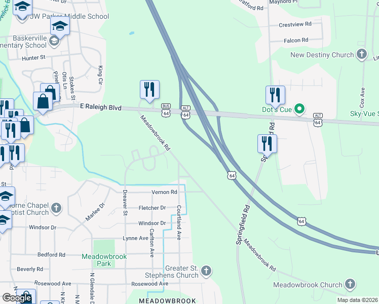 map of restaurants, bars, coffee shops, grocery stores, and more near 1850 Meadowbrook Road in Rocky Mount