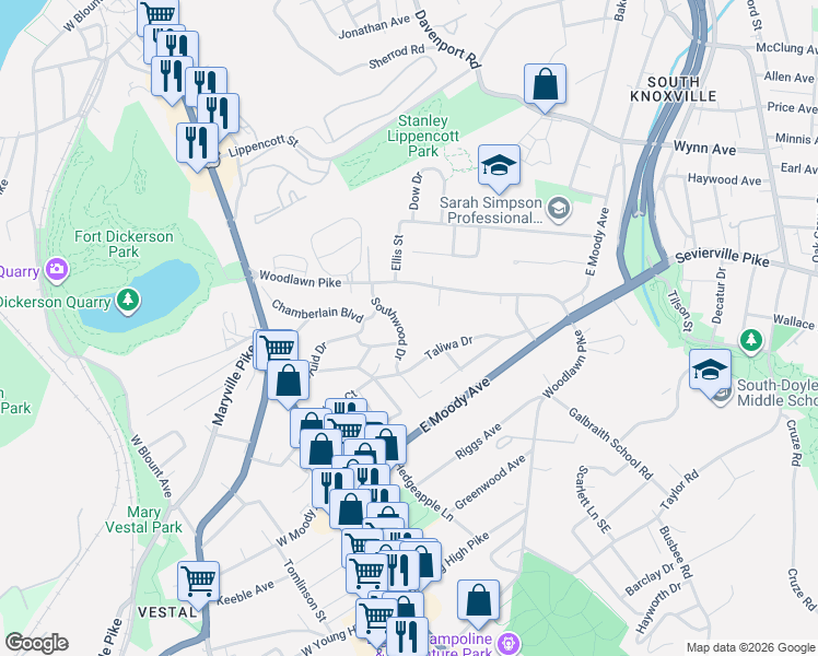 map of restaurants, bars, coffee shops, grocery stores, and more near 3532 Southwood Drive in Knoxville