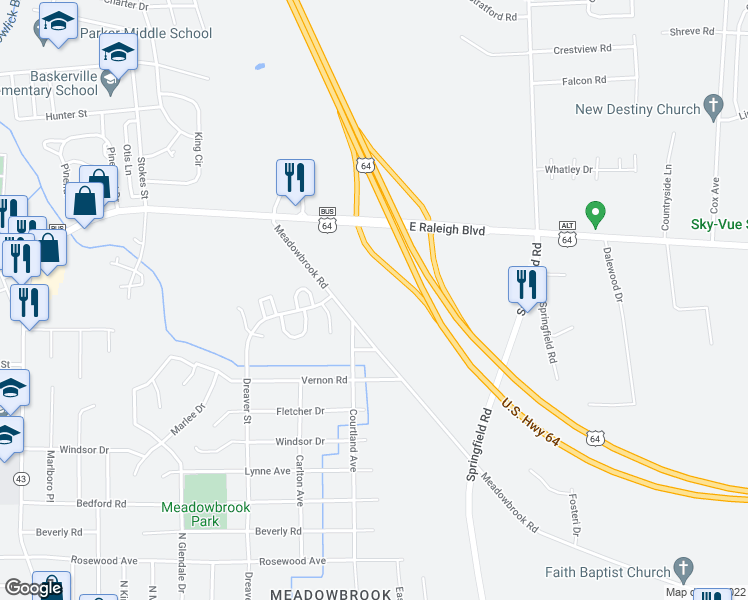 map of restaurants, bars, coffee shops, grocery stores, and more near 1750 Meadowbrook Road in Rocky Mount