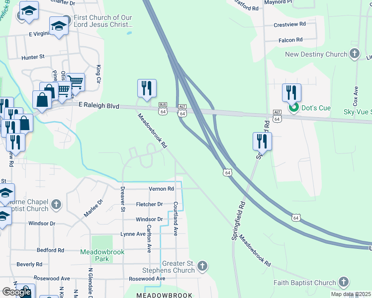 map of restaurants, bars, coffee shops, grocery stores, and more near 1750 Meadowbrook Road in Rocky Mount