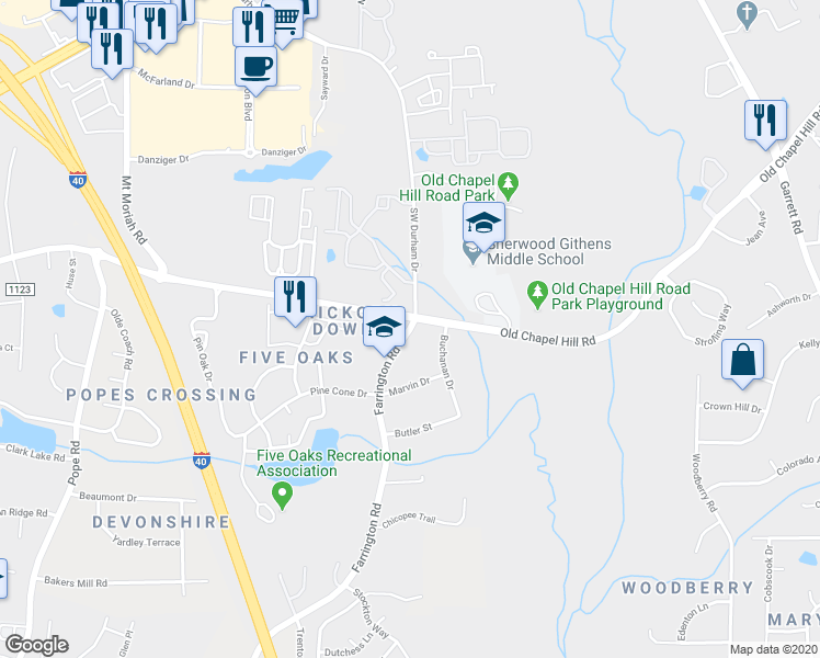 map of restaurants, bars, coffee shops, grocery stores, and more near 4715 Southwest Durham Drive in Durham