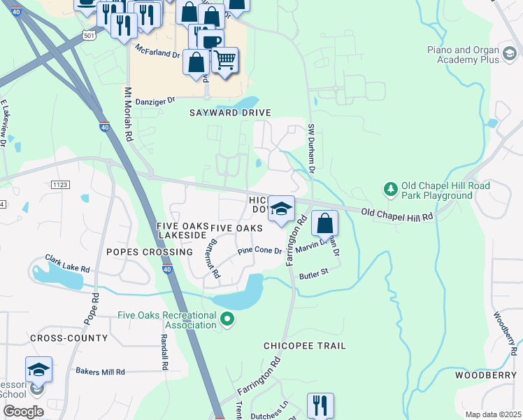 map of restaurants, bars, coffee shops, grocery stores, and more near 4117 Five Oaks Drive in Durham