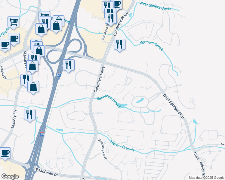 map of restaurants, bars, coffee shops, grocery stores, and more near 6840 Carothers Parkway in Franklin
