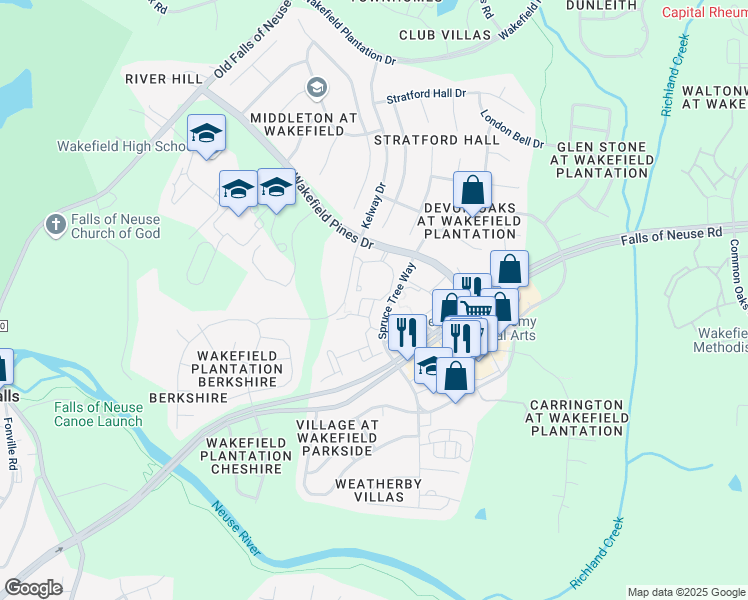 map of restaurants, bars, coffee shops, grocery stores, and more near 12120 Oakwood View Drive in Raleigh