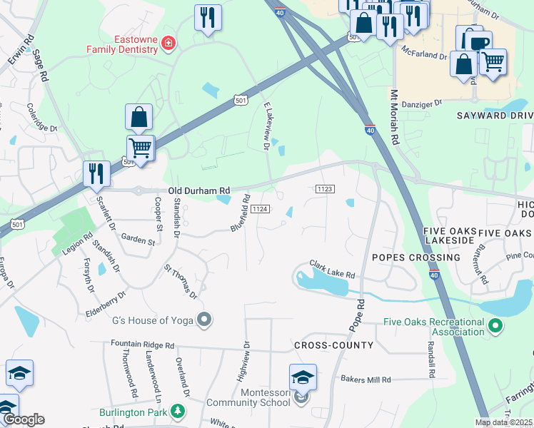 map of restaurants, bars, coffee shops, grocery stores, and more near 5639 Old Chapel Hill Road in Durham