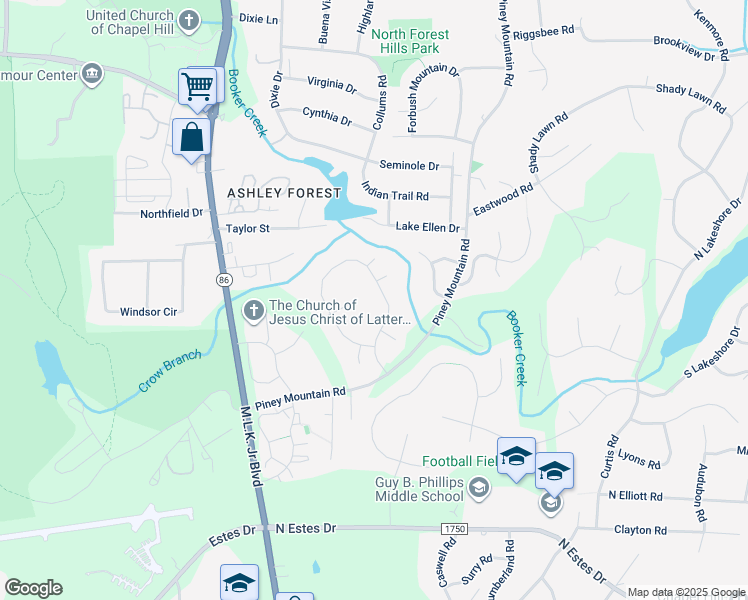 map of restaurants, bars, coffee shops, grocery stores, and more near 139 Old Forest Creek Drive in Chapel Hill