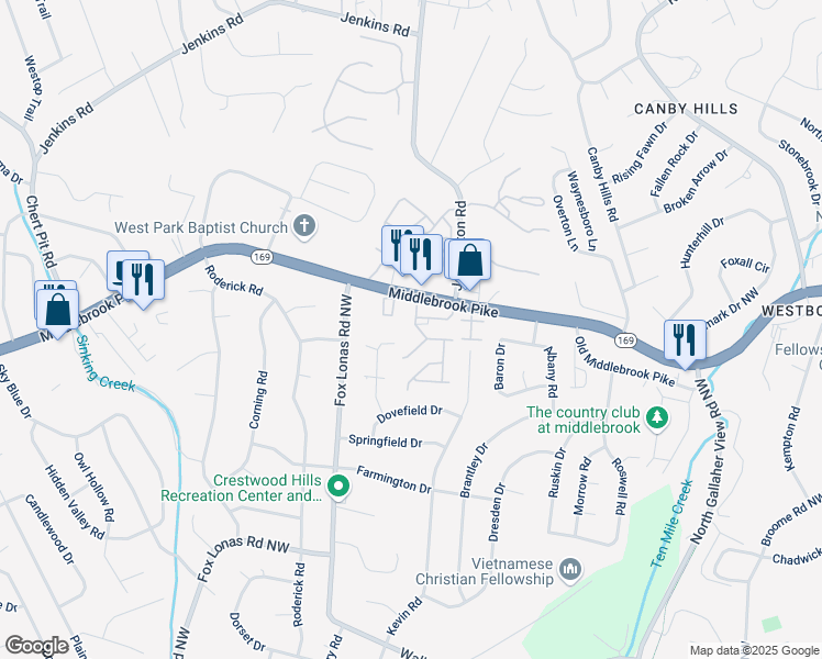 map of restaurants, bars, coffee shops, grocery stores, and more near 8634 Sunpoint Road in Knoxville